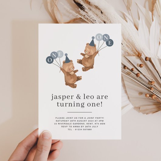 Boy Twins - Bears Party Hats - Joint 1st Birthday Einladung