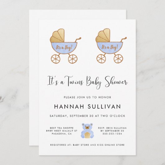 Boy Twins Retro Carriage Watercolor Shower Einladung (Vorne/Hinten)