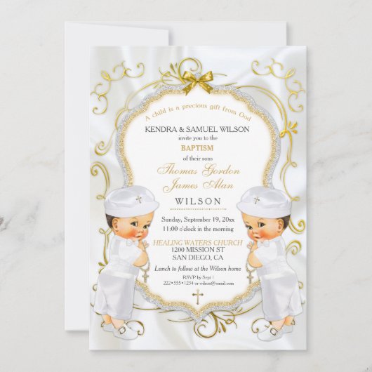 Boy Twins Taufe Christening Gold White Cross Einladung (Vorderseite)