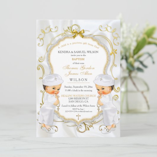 Boy Twins Taufe Christening Gold White Cross Einladung (Stehend Vorderseite)