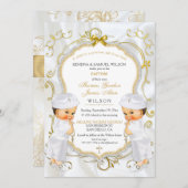 Boy Twins Taufe Christening Gold White Cross Einladung (Vorne/Hinten)