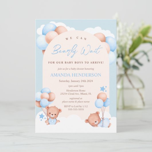 Boy Twins Teddy Bear Baby Shower Einladung (Stehend Vorderseite)