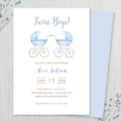 Boy Twins with blue Carriages Baby Shower Einladung