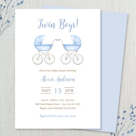 Boy Twins with blue Carriages Baby Shower Einladung