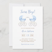 Boy Twins with blue Carriages Baby Shower Einladung (Vorderseite)
