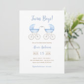 Boy Twins with blue Carriages Baby Shower Einladung (Stehend Vorderseite)