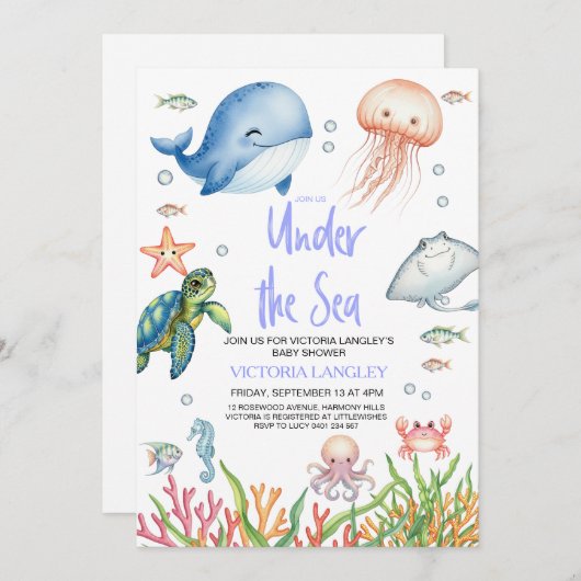 Boy Under The Sea Ocean Animals Baby Shower Einladung (Vorne/Hinten)