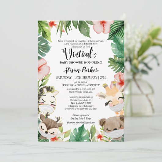 Boy Virtual Baby Shower | Masked Safari Friends Einladung (Stehend Vorderseite)
