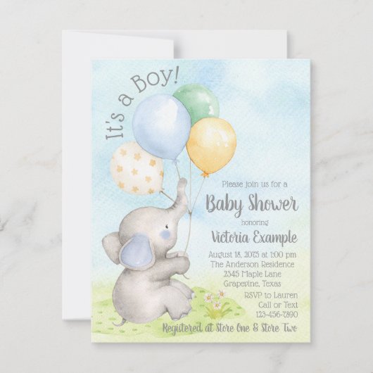 Boy Watercolor Elephant Baby Shower Einladungen (Vorderseite)