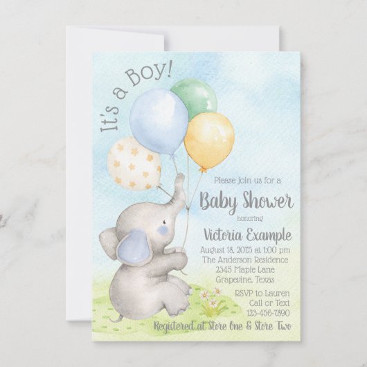 Boy Watercolor Elephant Baby Shower Einladungen (Vorderseite)