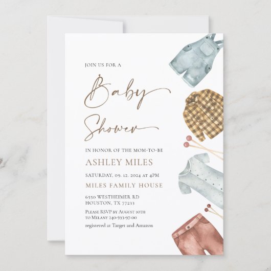 Boy Watercolor Kleidung Kinderdusche Einladung (Vorderseite)