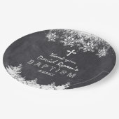 Boy Winter Holiday Snowflakes Chalkboard Taufe Pappteller (Schrägansicht)