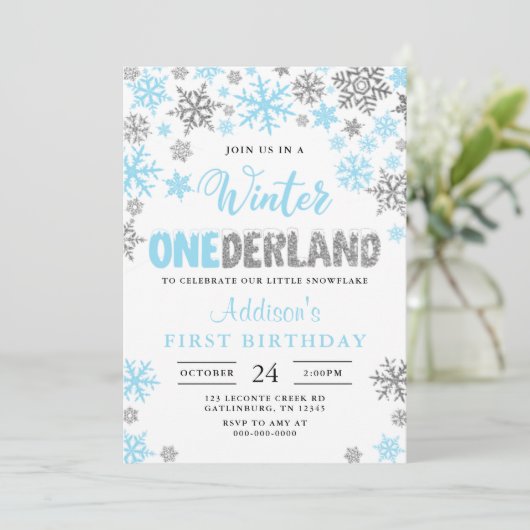 Boy Winter Onederland Einladung zum ersten Geburts (Stehend Vorderseite)
