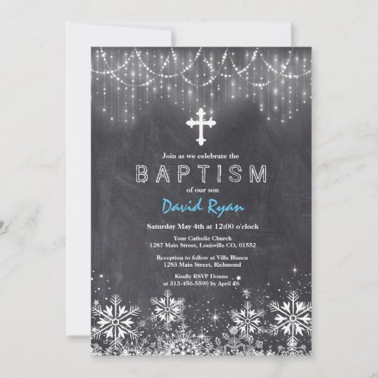 Boy Winter String Lights Schneeflocken Chalk Taufe Einladung (Vorderseite)
