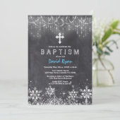 Boy Winter String Lights Schneeflocken Chalk Taufe Einladung (Stehend Vorderseite)