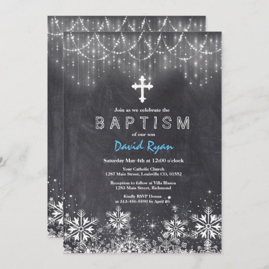 Boy Winter String Lights Schneeflocken Chalk Taufe Einladung (Vorne/Hinten)