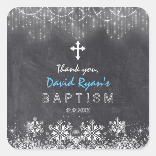 Boy Winter String Lights Schneeflocken Chalk Taufe Quadratischer Aufkleber (Vorderseite)