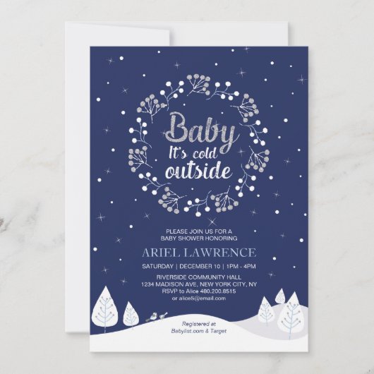 Boy Winter Wonderland Baby Dusche, Navy & Silver Einladung (Vorderseite)