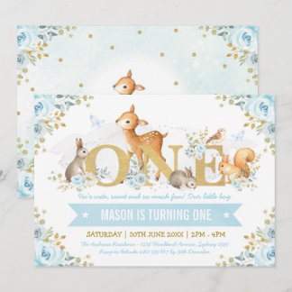 Boy Woodland Animals Blue Gold Floral 1. Geburtsta Einladung