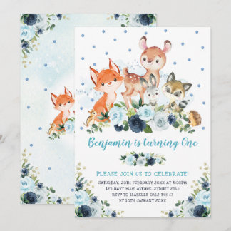 Boy Woodland Forest Navy Blue Floral 1. Geburtstag Einladung