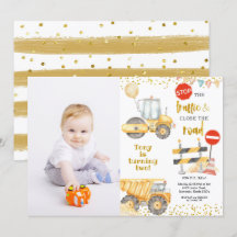 Boy Yellow Construction Trucks Geburtstag mit Foto