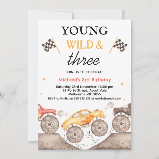 Boy Yellow Monster Truck Young Wild Three Birthday Einladung (Vorderseite)