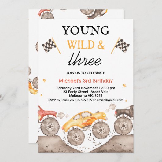 Boy Yellow Monster Truck Young Wild Three Birthday Einladung (Vorne/Hinten)
