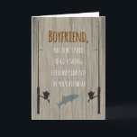 Boyfriend Birthday, Fishing for Compliments Karte<br><div class="desc">Geburtstagskarte für jeden Freund,  der zum Fischen Liebe. An der Vorderseite befinden sich die Silhouetten von Stab und Rollen sowie ein springender Fisch auf einem holzgetreiften Hintergrund mit einem beängstigenden Effekt. Kluge Angelpisten vorne und innen bringen sicher ein Lächeln.</div>