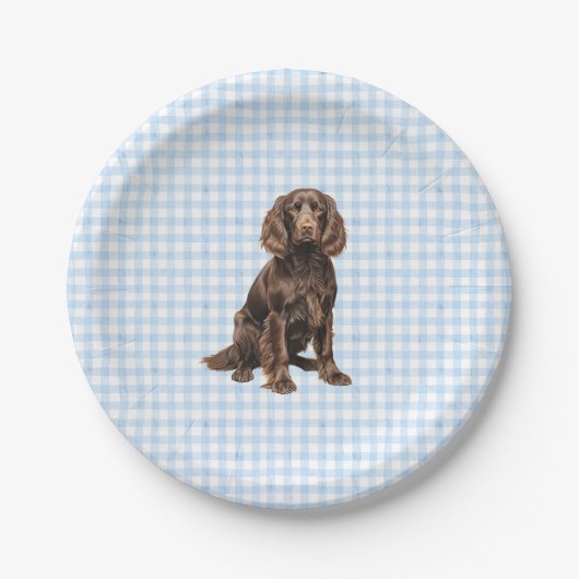 Boykin-Party-Teller, Hunde-Party, Blaues Gingham  Pappteller (Vorderseite)