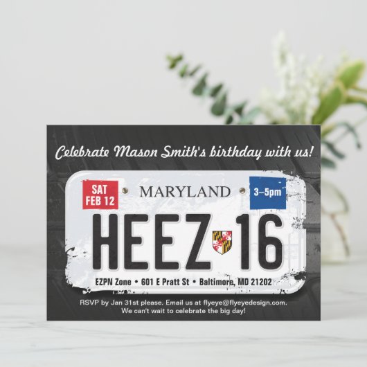 Boys 16. Geburtstag Maryland Lizenz Einladung (Stehend Vorderseite)