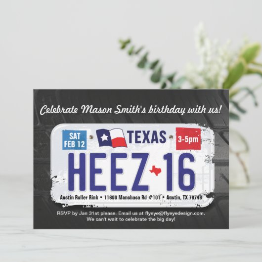 Boy's 16. Geburtstag Texas Lizenz Einladung (Stehend Vorderseite)