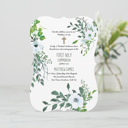 BOYS 1st HOLY COMMUNION Blauer Blütenblumen Einladung (Stehend Vorderseite)