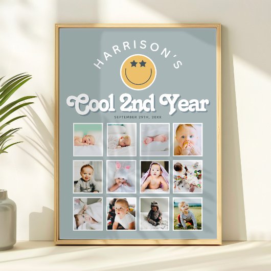 Boys 2nd Year Two Cool Birthday Photo Collage Poster