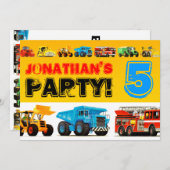 Boys 5th Birthday Big Construction Truck Party Einladung (Vorne/Hinten)