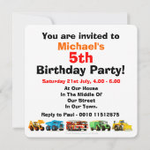 Boys 5th Birthday Construction Truck Party Einladung (Rückseite)