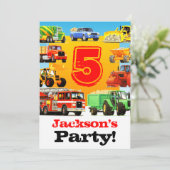 Boys 5th Birthday Construction Trucks Party Einladung (Stehend Vorderseite)