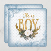 Boys Antler Baby Dusche Blau und Gold Einladung (Vorne/Hinten)