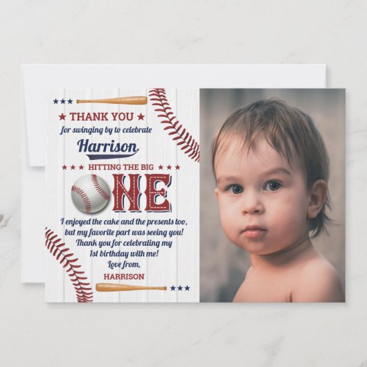 Boys Baseball 1. Geburtstag Foto Dankeskarte (Vorderseite)