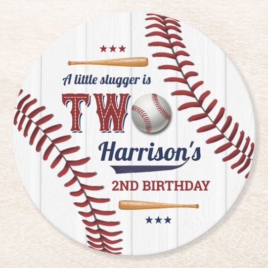 Boys Baseball 2. Geburtstag Runder Pappuntersetzer (Vorderseite)