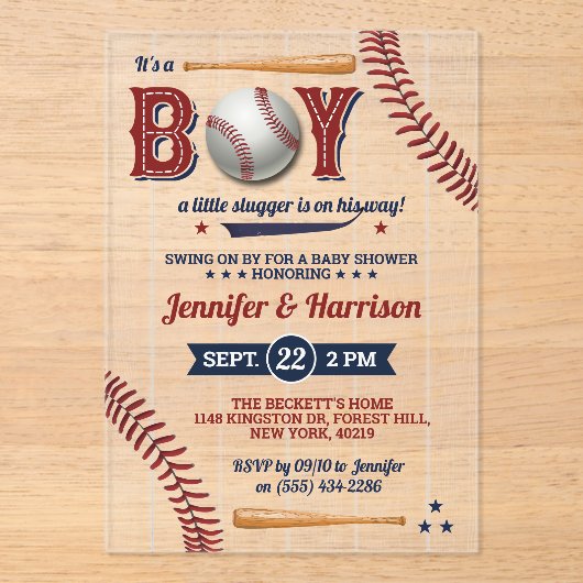 Boys Baseball Baby Dusche Acryleinladungen (Vorderseite)