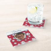 Boys Baseball Red White Blue Custom Foto mit/ Name Glasuntersetzer (Schrägansicht)