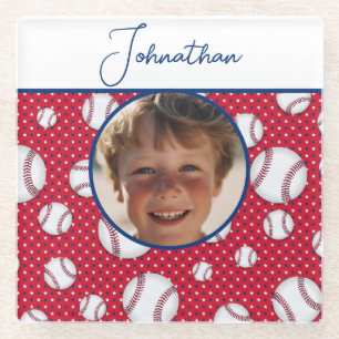 Boys Baseball Red White Blue Custom Foto mit/ Name Glasuntersetzer