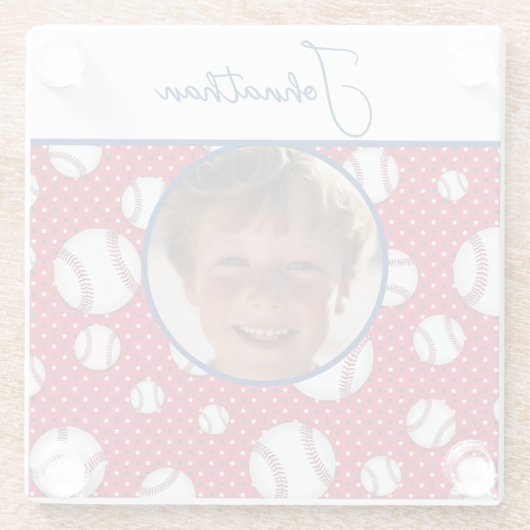 Boys Baseball Red White Blue Custom Foto mit/ Name Glasuntersetzer (Rückseite)