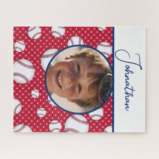 Boys Baseball Red White Blue Custom Foto mit/ Name Puzzle (Horizontal)