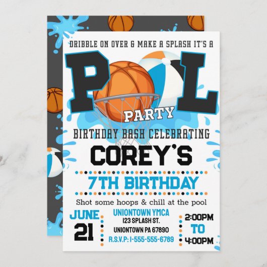 Boys Basketball Pool Party Einladung (Vorne/Hinten)