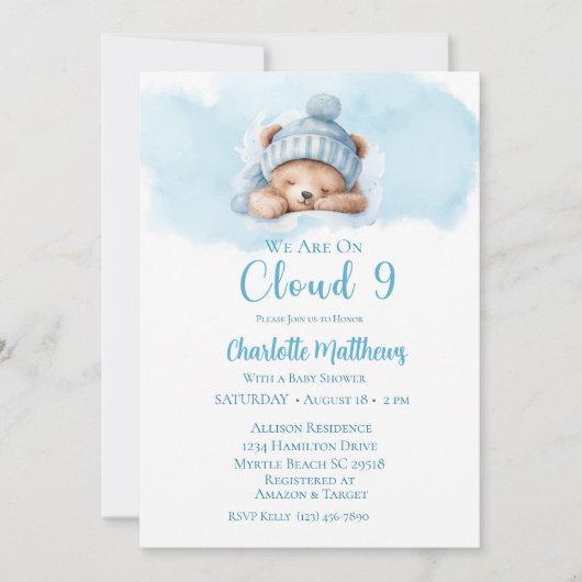 Boys Bear Bear Cloud Nine 9 Babydusche Einladung (Vorderseite)