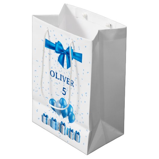 Boys Birthday Gift Bag - Present & Confetti Theme Mittlere Geschenktüte (Vorderseite Schrägansicht)