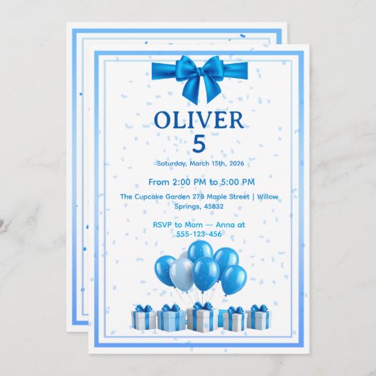Boys Birthday Invitation - Gift Boxes & Confetti Einladung (Vorne/Hinten)
