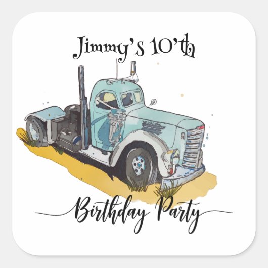 Boys Birthday Party Blue Semi Truck Quadratischer Aufkleber (Vorderseite)