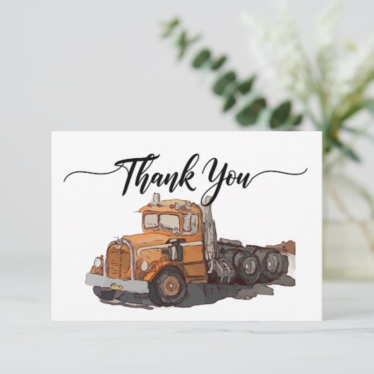 Boys Birthday Party Orange Semi Truck Dankeskarte (Stehend Vorderseite)